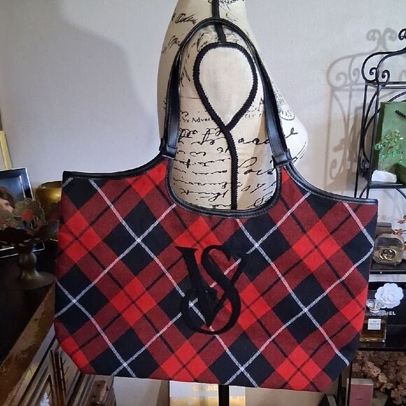 Victoria's Secret Red and Black Plaid Tote Bag - Picture 1 of 3